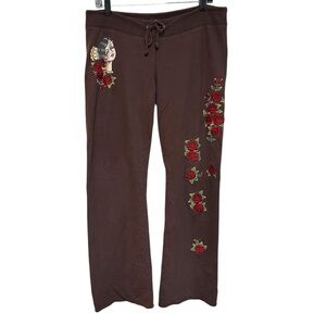 Y2K lucky brand M-L sweatpants rose embroidered Mexican lady tattoo art low rise